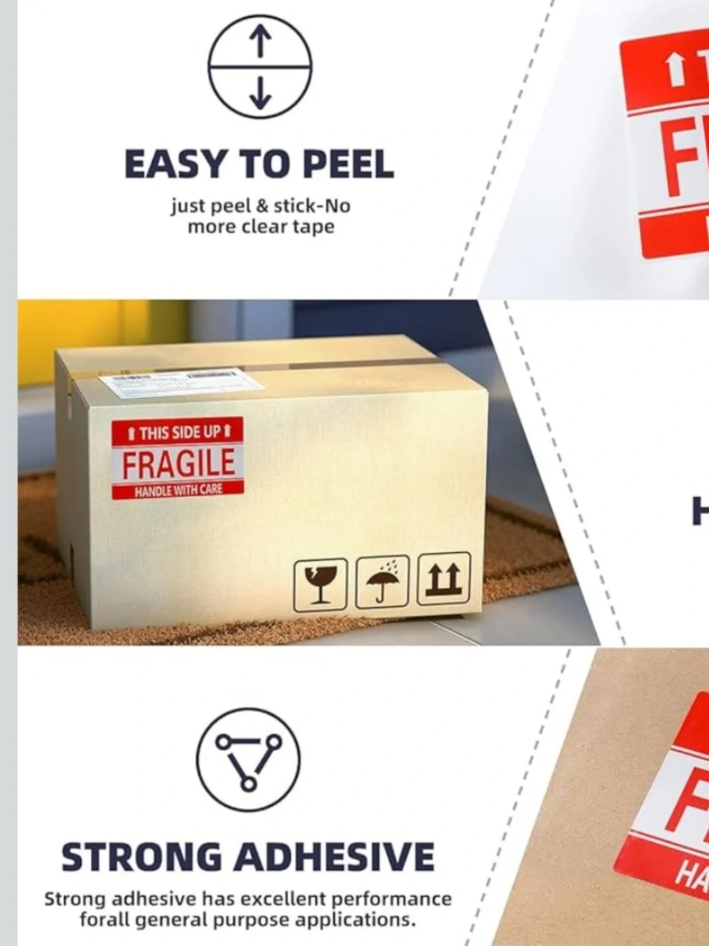 3x5 Inch Handle with Care This Side Up 100 Permanent Adhesive Fragile Stickers